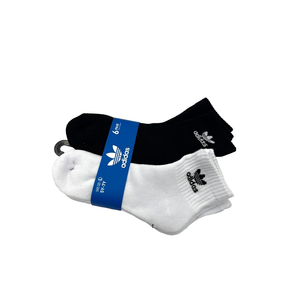 Adidas Youth Quarter Ankle Socks Black & White Pack of 6‎ Size 5Y-7Y L EV6421B